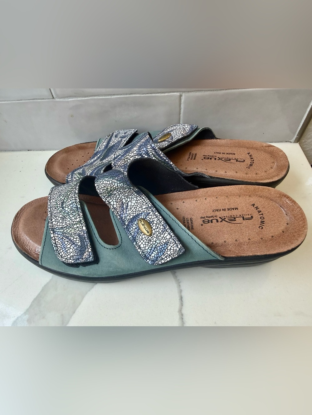 Flexus Spring Step Teal Slide Sandal with Patterned Straps
